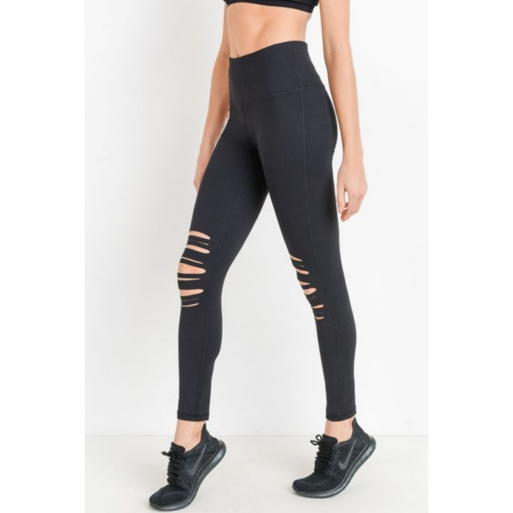 High Waist Laser Cut Ripped Knee Leggings - Picture 3 of 7